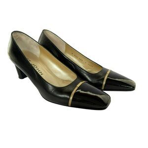 St. John Vtg Black Leather Square Patent Toe Block Heel Pumps 7.5M Made in Italy